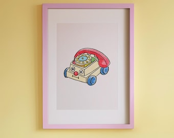 Lámina decorativa con diseño de teléfono de juguete vintage / Póster colorido y divertido (descarga digital)
