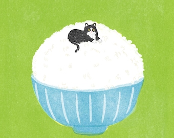Rice Cat Art Print: Risograph Style Illustration (Digital Download)