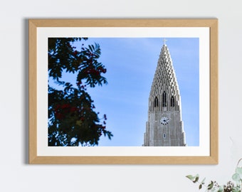Reykjavík Blue Skies - Hallgrímskirkja Iceland Photography Print - Europe, Travel, Summer, Landmark, Church, Architecture
