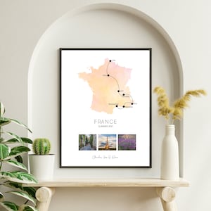 Frankreich Personalisierte Reisekarte - Streckenkarte mit Fotos oder Flagge und Personalisierungsoptionen! Reise-Souvenir, Wandkunst, individuelles Geschenk, Urlaub