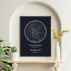 May include: A framed print showing a white constellation map on a dark blue background. The text "DAVE & KAREN THE NIGHT SKY 8th September 1984 DARLINGTON, UK" is below the map. The print is in a black frame, suitable for home decor.