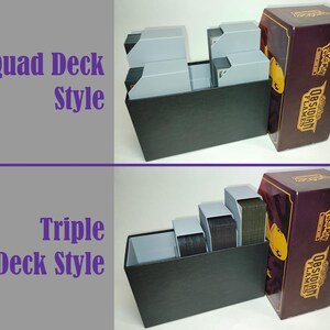 May include: Black and gray card storage boxes in Quad Deck and Triple Deck styles. A purple box with gold lettering and a yellow emblem is on the right. Text on the left reads "Quad Deck Style" and "Triple Deck Style".