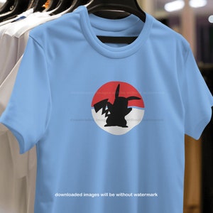 May include: A light blue t-shirt with a black silhouette of Pikachu in a red and white circle. The text "downloaded images will be without watermark" is printed on the bottom of the shirt.
