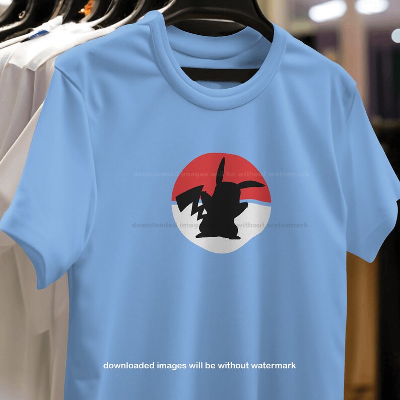 May include: A light blue t-shirt with a black silhouette of Pikachu in a red and white circle. The text "downloaded images will be without watermark" is printed on the bottom of the shirt.