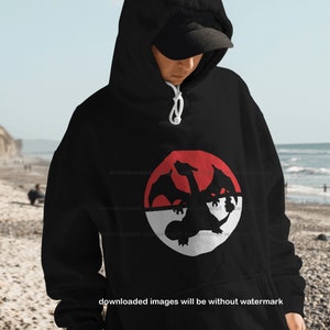 May include: Black hooded sweatshirt with a red and white circle graphic featuring a silhouette of a dragon. The graphic is reminiscent of a popular video game.