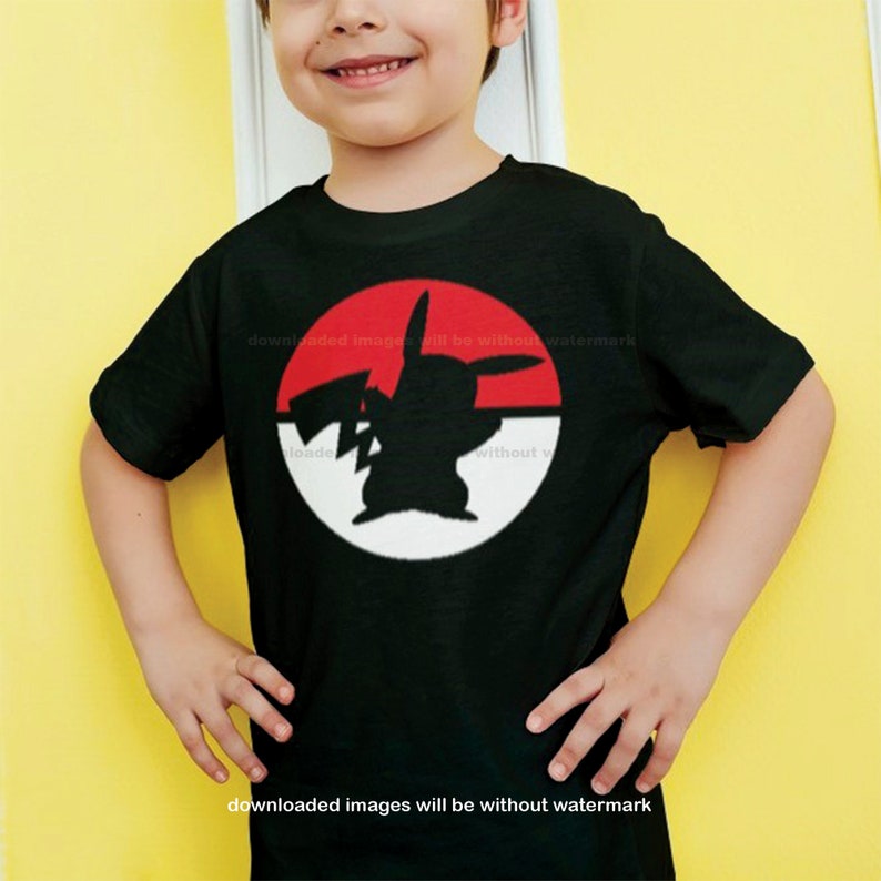 May include: A black t-shirt with a red and white circle graphic featuring a silhouette of a Pokemon character. The text "downloaded images will be without watermark" appears twice on the shirt.