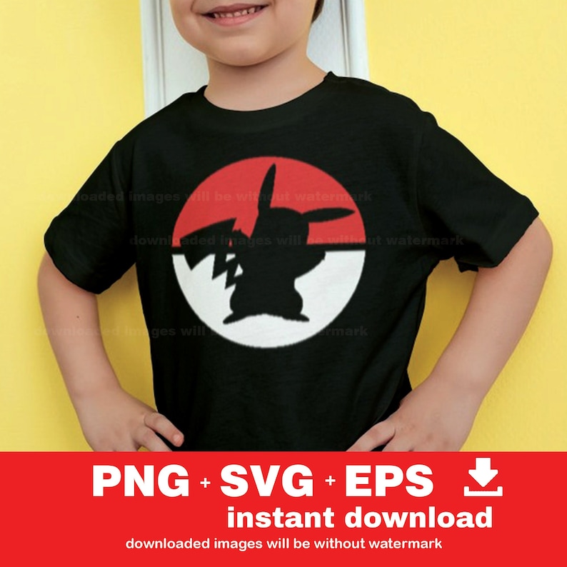 May include: A black t-shirt with a red and white circle graphic featuring a black silhouette of a Pokemon character. The text "loaded images will be without watermark" is visible on the shirt.