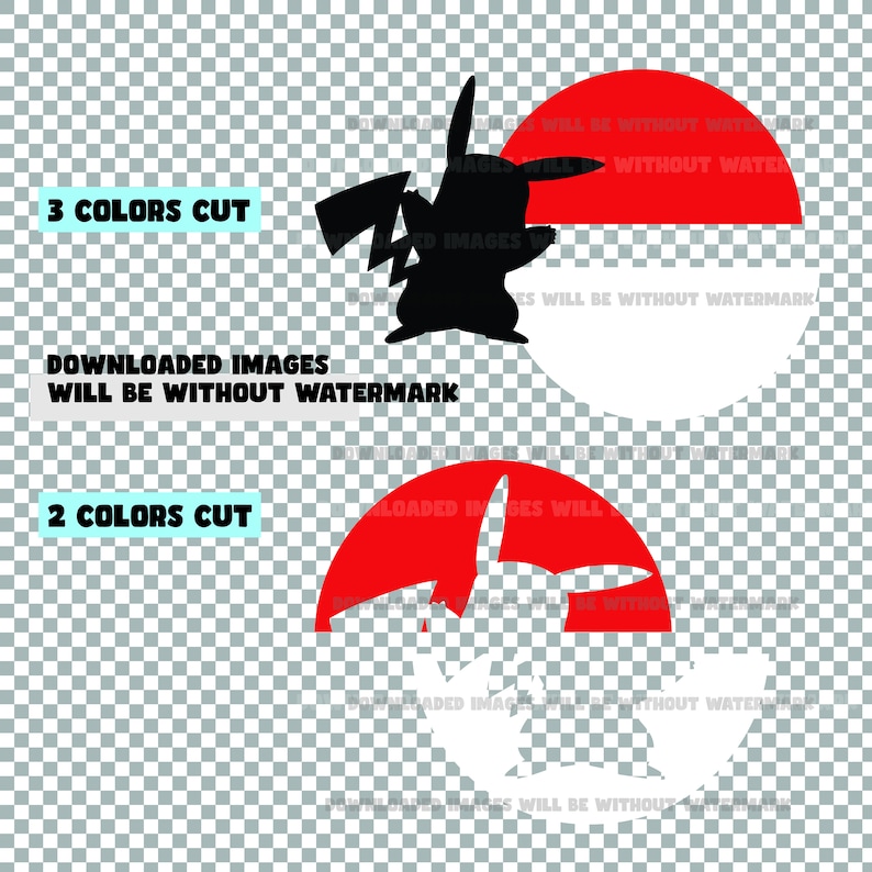 May include: Two digital cut files of a Pokemon character, Pikachu, in a red and white Pokeball. The top image is a three-color cut file, and the bottom image is a two-color cut file. The text "Downloaded images will be without watermark" is included in the image.