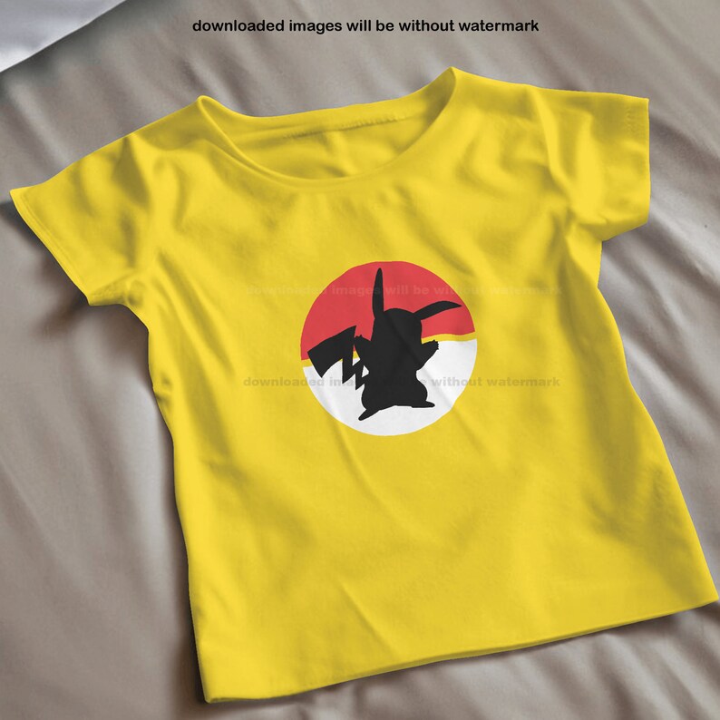 May include: Yellow t-shirt with a black silhouette of Pikachu inside a red and white Pokeball.