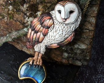 Barn Owl Sculpture Necklace with Labradorite Moon, Hand Sculpted Pendant, Handmade, Hand Painted Animal Art Jewelry,  Polymer Clay Necklace