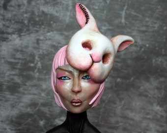 Handmade Female Statue Sculpture, Bust, Pink Hair Rabbit Mask, Mini Clay Sculpture, Figurine, Unique, Art Doll, Hand Sculpted, Artwork