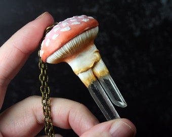 Amanita Rubescens Mushroom Necklace, Double Crystal Pendant, Hand Sculpted Handmade, Clay Art Sculpture, Unisex Jewelry, Cottagecore, Nature