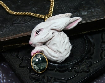 White Rabbit Sculpture Necklace with Moss Agate and Garnet, Hand Sculpted Pendant, Handmade, Hare Animal Art Jewelry,  Polymer Clay Necklace