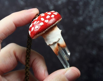 Amanita Muscaria Mushroom Necklace, Double Crystal Pendant, Hand Sculpted Handmade, Clay Art Sculpture, Unisex Jewelry, Cottagecore, Nature