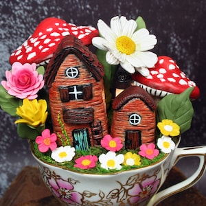 Fairy House Garden Vintage Teacup, Hand Sculpted Handmade, Mini Clay Sculpture, Amanita Mushrooms, Magical World, Forest, Art, Mixed Media