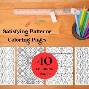 Può includere: Quattro pagine da colorare geometriche in bianco e nero con un cerchio rosso al centro che dice "40 pagine da colorare".