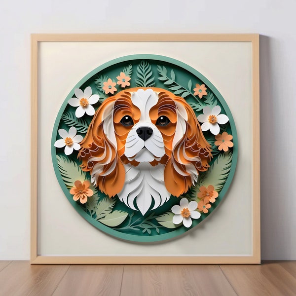 Impresión artística de Cavalier King Charles Spaniel: Cavalier Blenheim estilo recorte de papel, regalo para amantes de los perros, retrato único de mascota, memorial de la pérdida de un perro, para mamás de perros