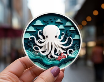 Kraken Sticker: Cute Sea Monster Vinyl Decal, Digital Papercut Style, Ocean Cryptid Art, Mythical Beast Gift, Maritime Folklore, Legendary