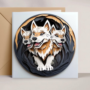 May include: A three-headed dog illustration in a circular design. The artwork features a white and brown color palette with black accents, set against a white background. The dog's mouths are open in a smile. A tan envelope is in the background.