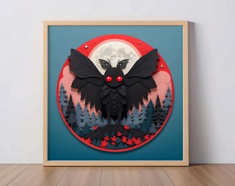 Mothman Papercut Art: Moth Monster Print, Cryptid Lover Gift, Wall Decor, Unique Cryptid Artwork, SciFi Digital Design, Owlman, Chicago