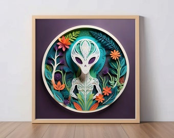 Alien Art Print: Cute UFO Cryptid Papercut-Style Digital Artwork, Folklore-Inspired Wall Decor, Gift for Sci-Fi Fans and Mystery Seekers
