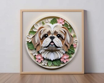 Può includere: Un'opera d'arte in carta 3D incorniciata raffigurante il volto di un cane Shih Tzu. Il cane ha pelo marrone e bianco, con una lingua rosa. L'opera è circondata da fiori e foglie di carta bianchi, rosa e verdi, su uno sfondo color crema.