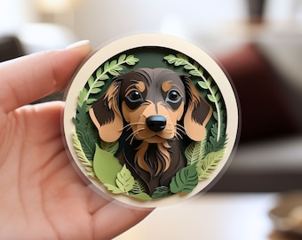 Dachshund Sticker: Chocolate and Tan Longhair Doxie Papercut Style Art, Cute Dog Lover Gift, Unique Pet Loss Memorial, Weiner Dog Mom or Dad