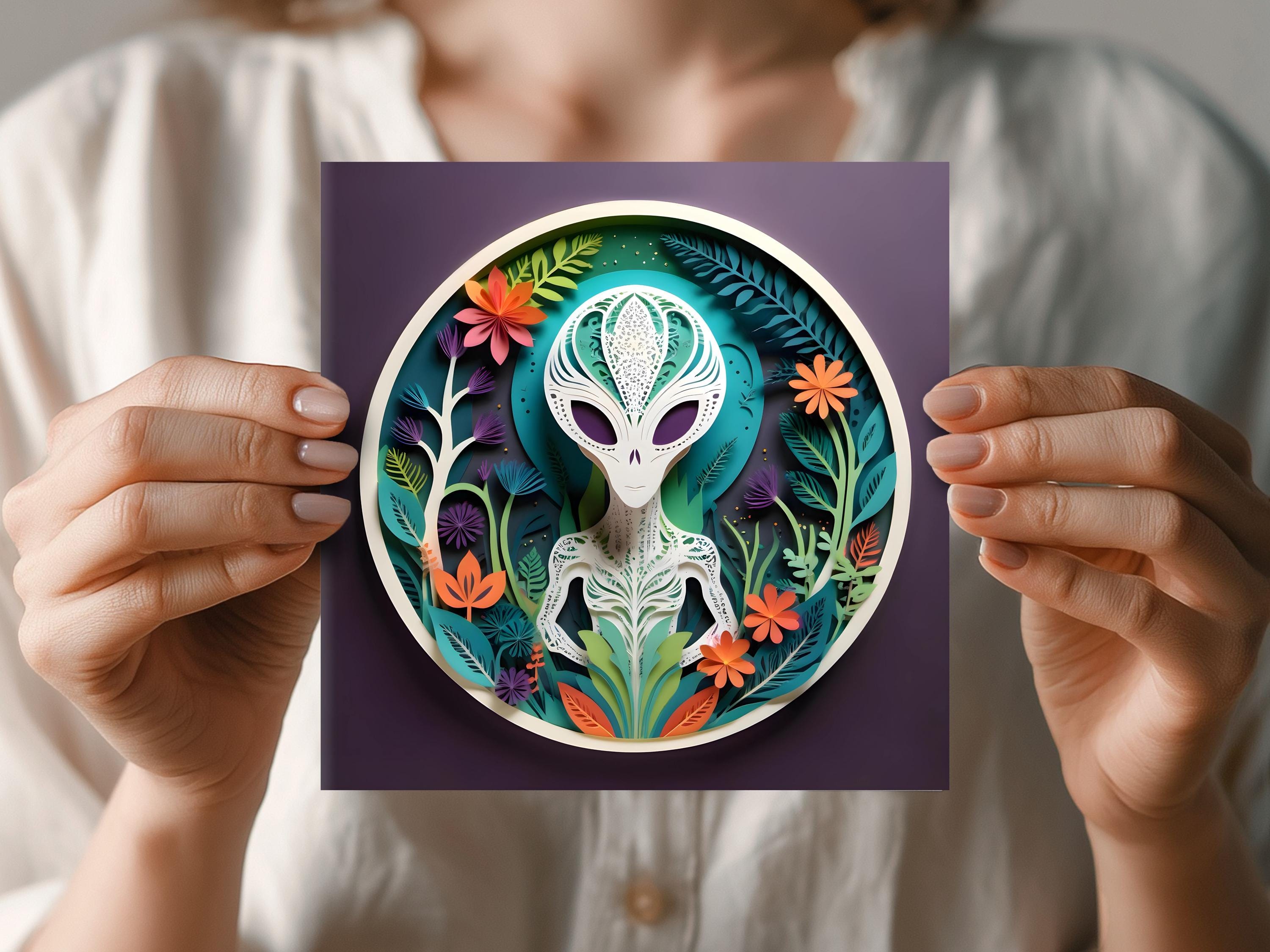 Alien Greeting Card: Extraterrestrial Papercut-style Art, 5x5 Square ...