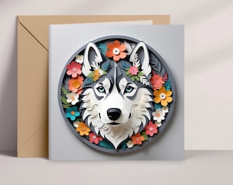 Siberian Husky Greeting Card: Papercut-Style Dog Art, 5x5 Square Card with Envelope, Pet Loss Memorial, Dog Adoption Card, Husky Owner Gift