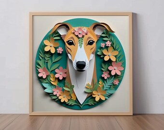 Lámina artística de galgo: ilustración de galgo cervatillo estilo papercut, regalo para amantes de los perros, decoración de pared de whippet, retrato de mascota, memorial de la pérdida de una mascota