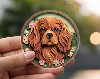 Cavalier King Charles Spaniel Sticker: Ruby Cav Papercut Style Art Decal, Cute Dog Lover Gift, Unique Pet Loss Memorial, for Dog Mom or Dad