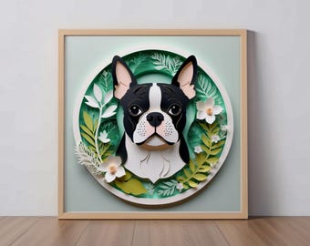 Boston Terrier Art Print: Papercut-Style Dog Illustration, Unique Dog Lover Gift, Bulldog Wall Decor, Frenchton, Pet Portrait Memorial