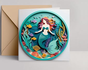 Mermaid Greeting Card: Mythical Siren Papercut-Style Art, 5x5 Square Card and Envelope, Folklore Gift, Quirky Birthday Card, Motivational