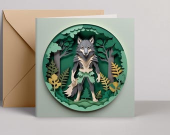 Dogman Greeting Card: Werewolf Cryptid Papercut-Style Art, 5x5 Square Card and Envelope, Beast of Bray Road Gift, Rougarou Motivational Card