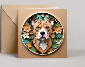 American Staffordshire Terrier Greeting Card: Red AmStaff Papercut-Style Dog Art, 5x5 Square Card, Pet Loss Memorial, Dog Adoption Gift