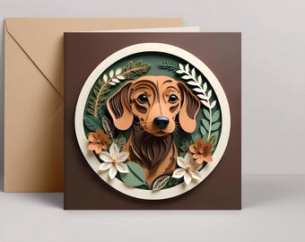 Dachshund Greeting Card: Chocolate Doxie Papercut-Style Dog Art, 5x5 Square Card with Envelope, Pet Loss Memorial, Dog Adoption Gift