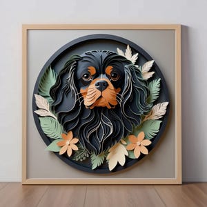 Cavalier King Charles Spaniel Art Print: Black and Tan Cav Papercut-Style Dog Lover Gift, Unique Pet Portrait, Cute Dog Loss Memorial Gift