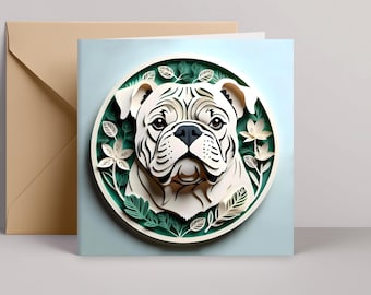 English Bulldog Greeting Card: White Bulldog Papercut-Style Dog Art, 5x5 Square Card with Envelope, Pet Loss Memorial, Dog Adoption Gift
