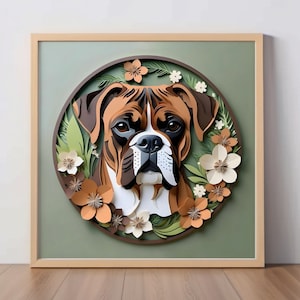 Może przedstawiać: Papierowy portret brązowego i białego psa rasy Boxer z wieńcem kwiatowym wokół głowy. Kwiaty są w odcieniach brązu, bieli i kremowego.