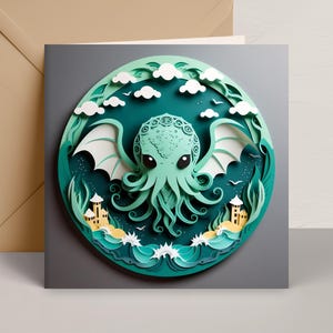 Cthulhu Greeting Card: Lovecraft Papercut-Style Art, 5x5 Square Card with Envelope, Cosmic Horror Greeting, Mythical Lore Gift, Motivational