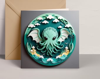 Cthulhu Greeting Card: Lovecraft Papercut-Style Art, 5x5 Square Card with Envelope, Cosmic Horror Greeting, Mythical Lore Gift, Motivational