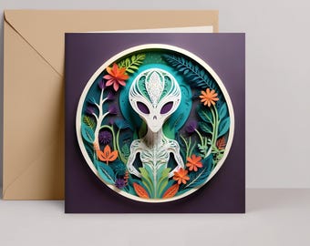 Alien Greeting Card: Extraterrestrial Papercut-Style Art, 5x5 Square Card with Envelope, UFO Cryptid Greeting, Motivational Card, Birthday