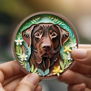 May include: A brown paper cut-out of a dog's head with green and yellow paper flowers surrounding it.