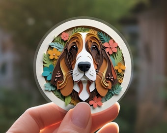 Pegatina de Basset Hound: Arte de papel recortado tricolor, regalo adorable para amantes de los perros, conmemoración única para la pérdida de una mascota, calcomanía de vinilo transparente, mamá de perro
