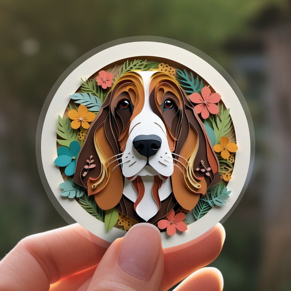 Basset Hound Sticker: Vinyl Papercut Art Decal, Unique Dog Lover Gift, Laptop Car Planner Water Bottle, Brown, Dog Mom Mothers Day Gift