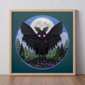 Wise Mothman Art Print: Purple-Eyed Cryptid Papercut-Style Wall Decor, Fallout-Inspired Fan Gift, Mythical Creature Folklore Art, Gamer Gift