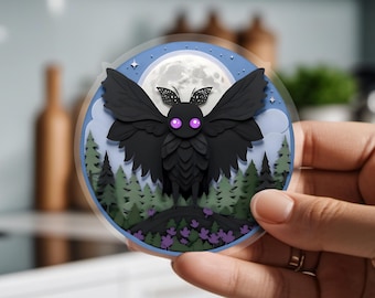 Mothman Sticker: Fallout 76 Inspired “Wise Mothman”, Purple Eyes, Cryptid Vinyl Decal, Cute Spooky Gift, Gamer Cryptid Art, Paranormal Nerd