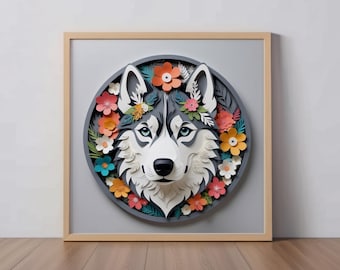 Siberian Husky Art Print: Gray Husky Papercut-Style Artwork, Husky Lover Gift, Northern Breed Decor, Sled Dog Art, Alaskan Malamute Portrait