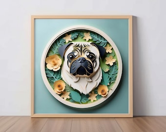 Lámina de Pug: Arte mural de perro Pug cervatillo estilo papercut, regalo para amantes de los perros, decoración para mamá Pug, ilustración de mascotas, regalo conmemorativo por la pérdida de una mascota