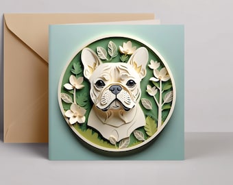 French Bulldog Greeting Card: Cream Frenchie Papercut-Style Dog Art, 5x5 Square Card and Envelope, Pet Loss Memorial, Dog Adoption Gift
